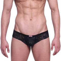 Black lace thong MetroMaleWear micro cheek lace with delicate floral pattern and red brand tag on waistband