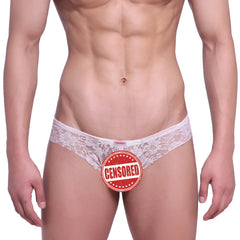 White lace thong with floral pattern and red metro male wear tag at waistband from micro cheek lace nude 2027-50 collection