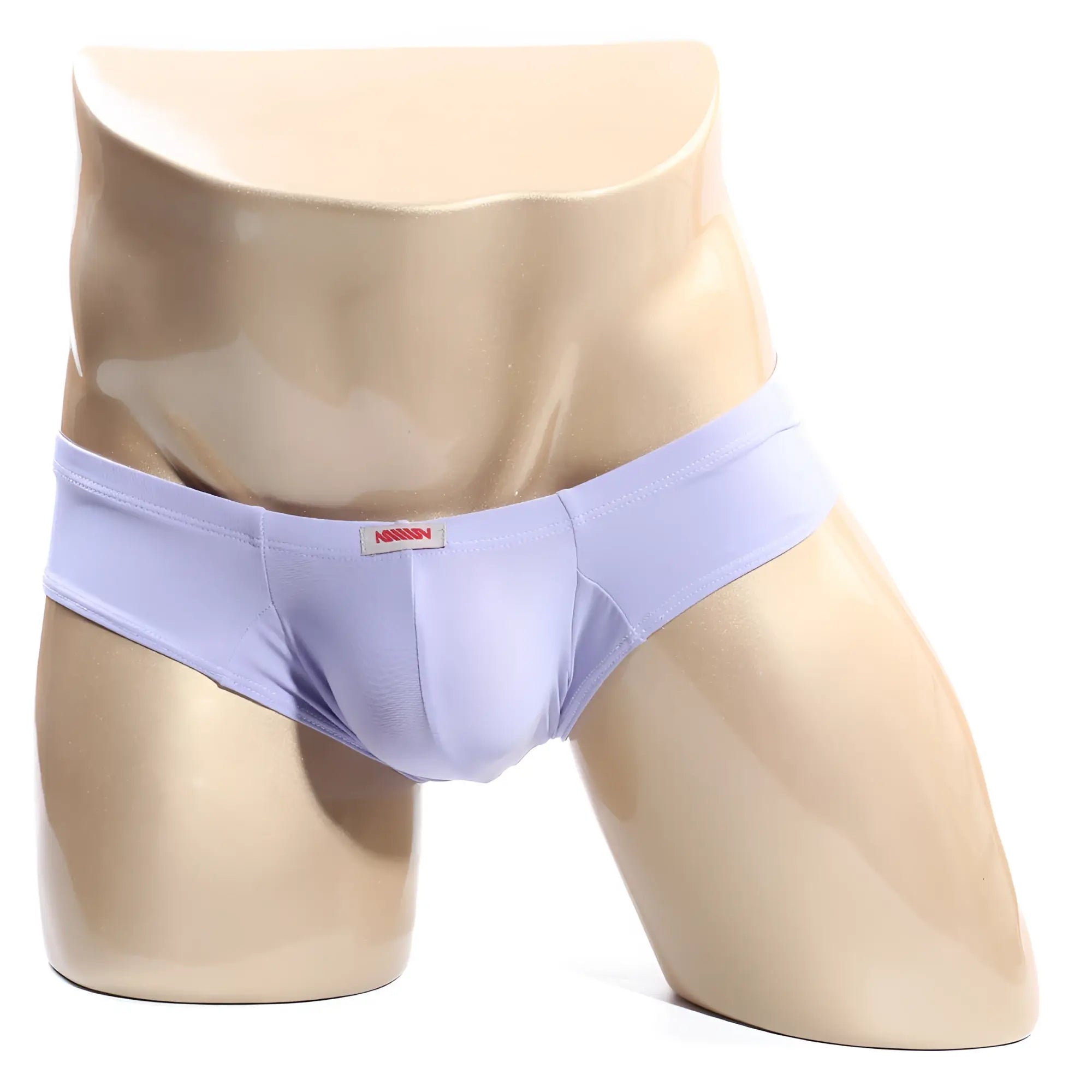 Light purple smooth textured mens briefs with subtle elastic waistband and small red logo tag metro male wear micro cheek