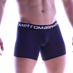 Navy blue metromalewear micro long boxer briefs with white elastic waistband and bold brand name lettering
