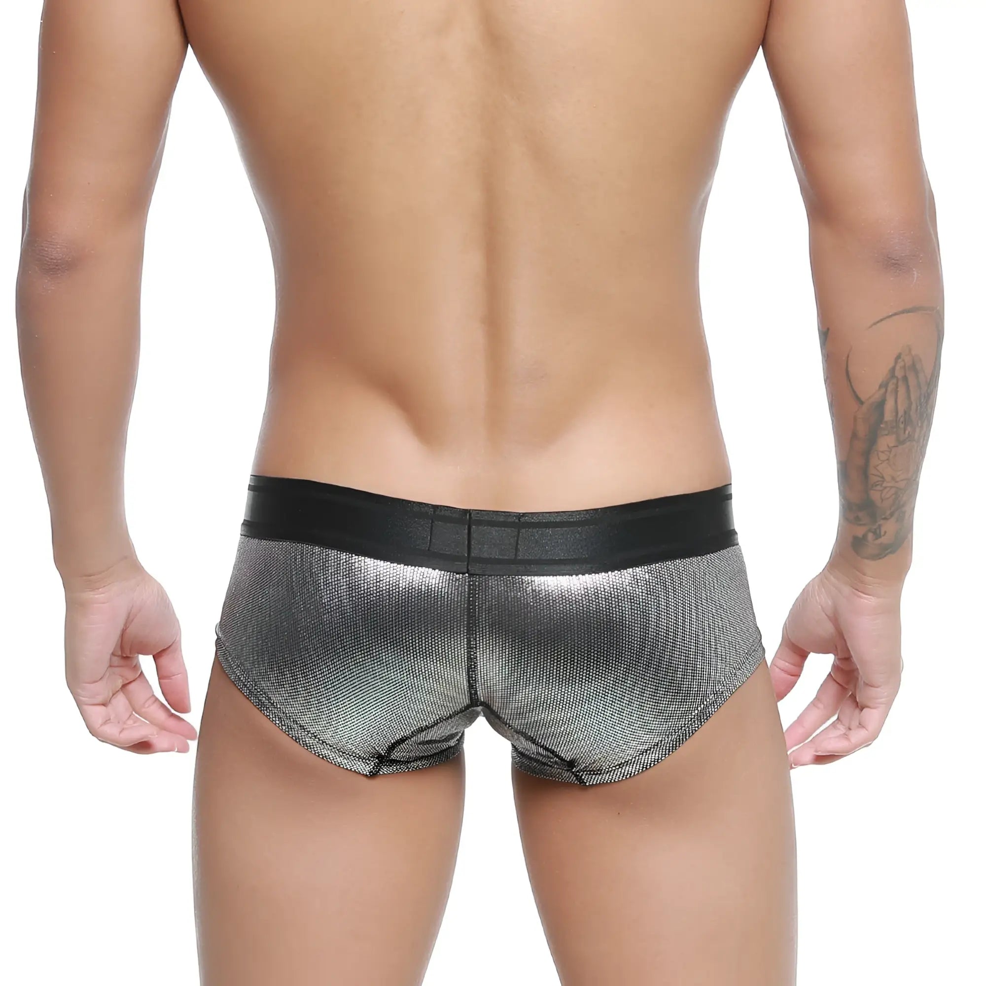 Silver metallic mesh briefs with black elastic waistband from metromalewear micro mini boxer armour 7013-05