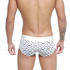 White briefs with black geometric mustache pattern and nassim branding from MetroMaleWear Micro Mini Boxer Caballero 7013-04