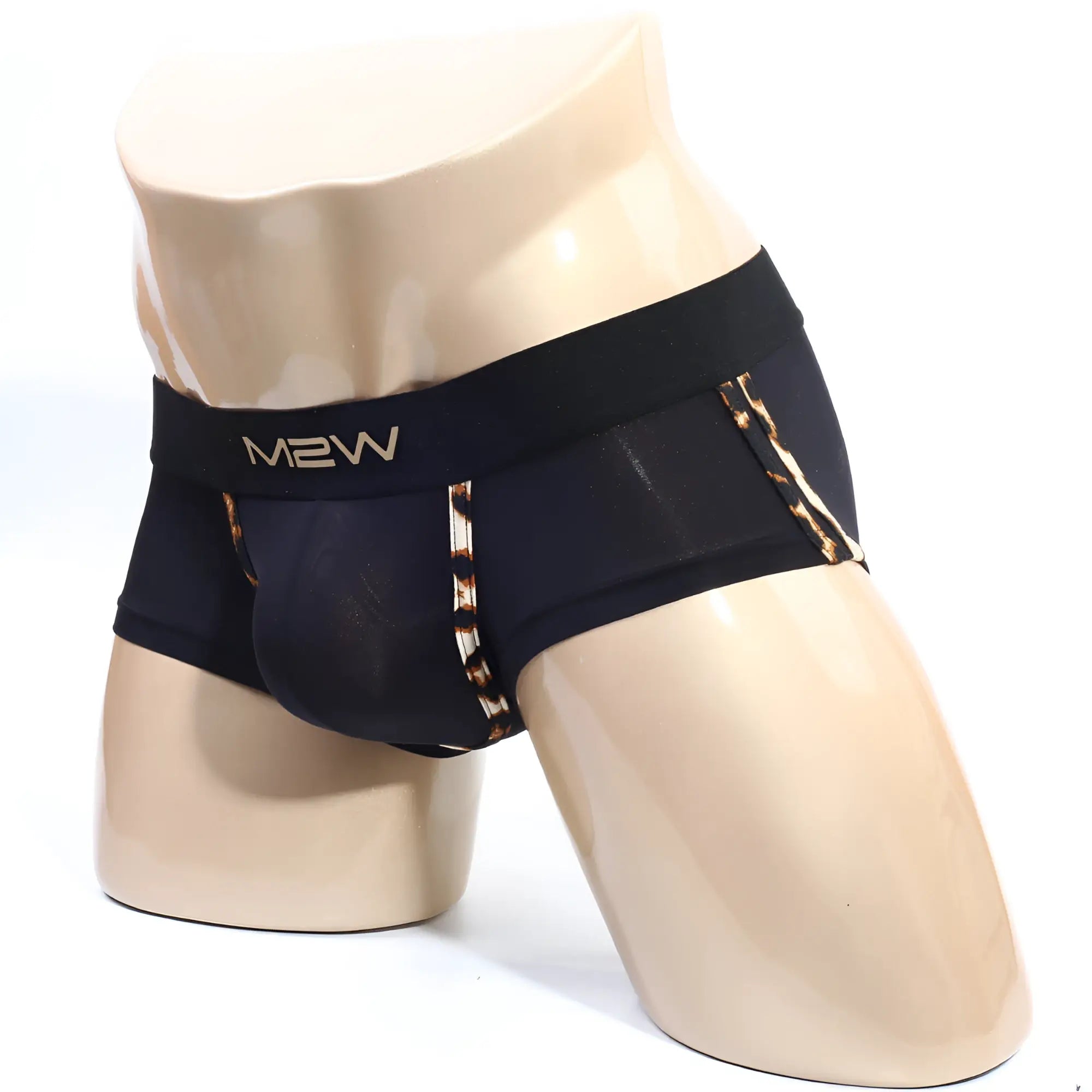 Black m2w men’s briefs with gold leopard print trim from MetroMaleWear micro mini boxer cheetah 7013-47 series