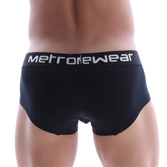Black metronewear micro mini boxer briefs with a white logo waistband for comfortable everyday wear