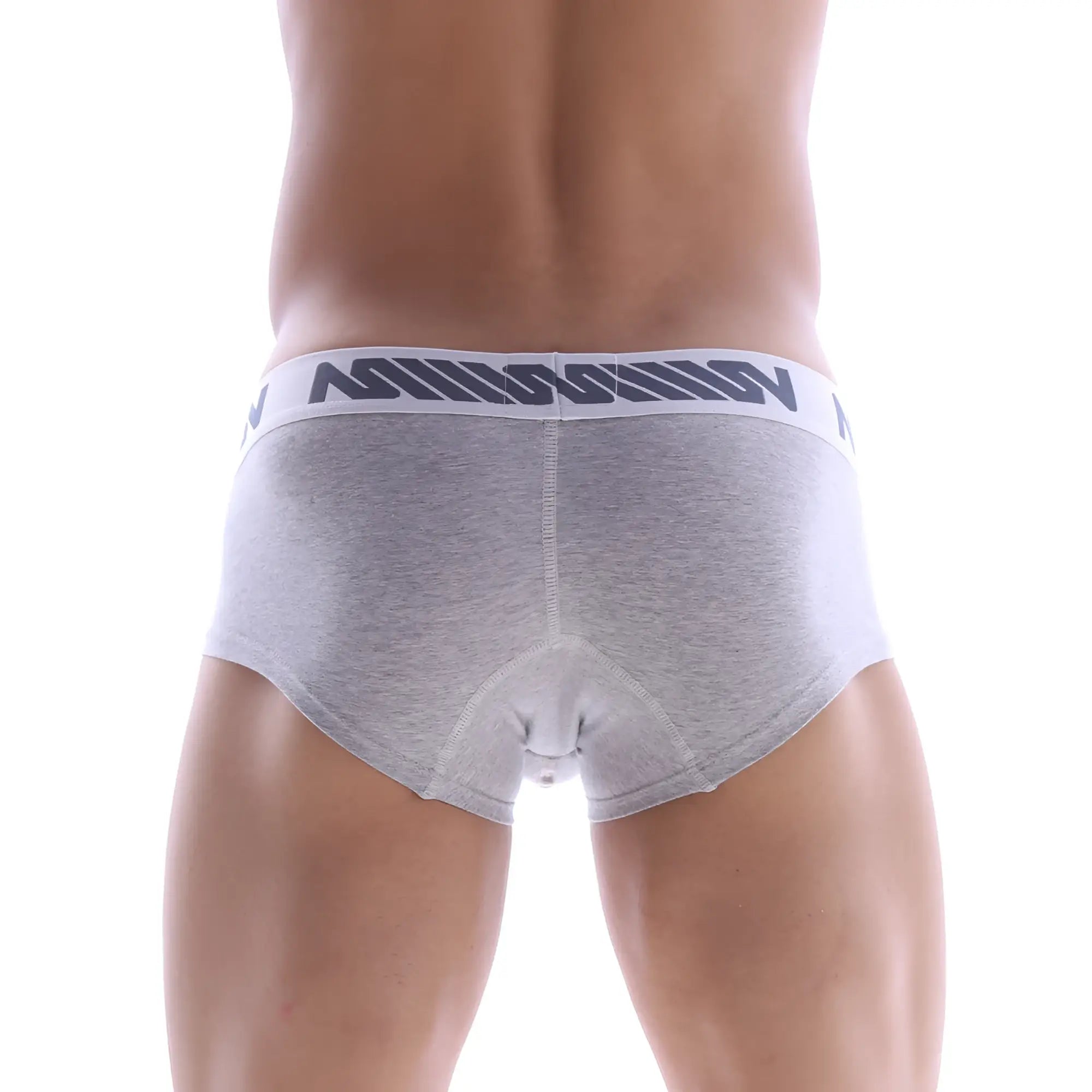 Gray heathered Micro mini boxer briefs with a white elastic waistband and dark gray stylized lettering from MetroMaleWear