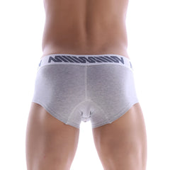 Gray heathered Micro mini boxer briefs with a white elastic waistband and dark gray stylized lettering from MetroMaleWear
