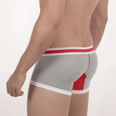 Metro male wear micro mini boxer grey briefs with bold red side panel and red and white trim in gray heather fabric