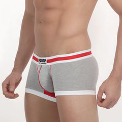 Gray heathered briefs with red and white striped waistband and subtle logo patch metro male wear micro mini boxer gray