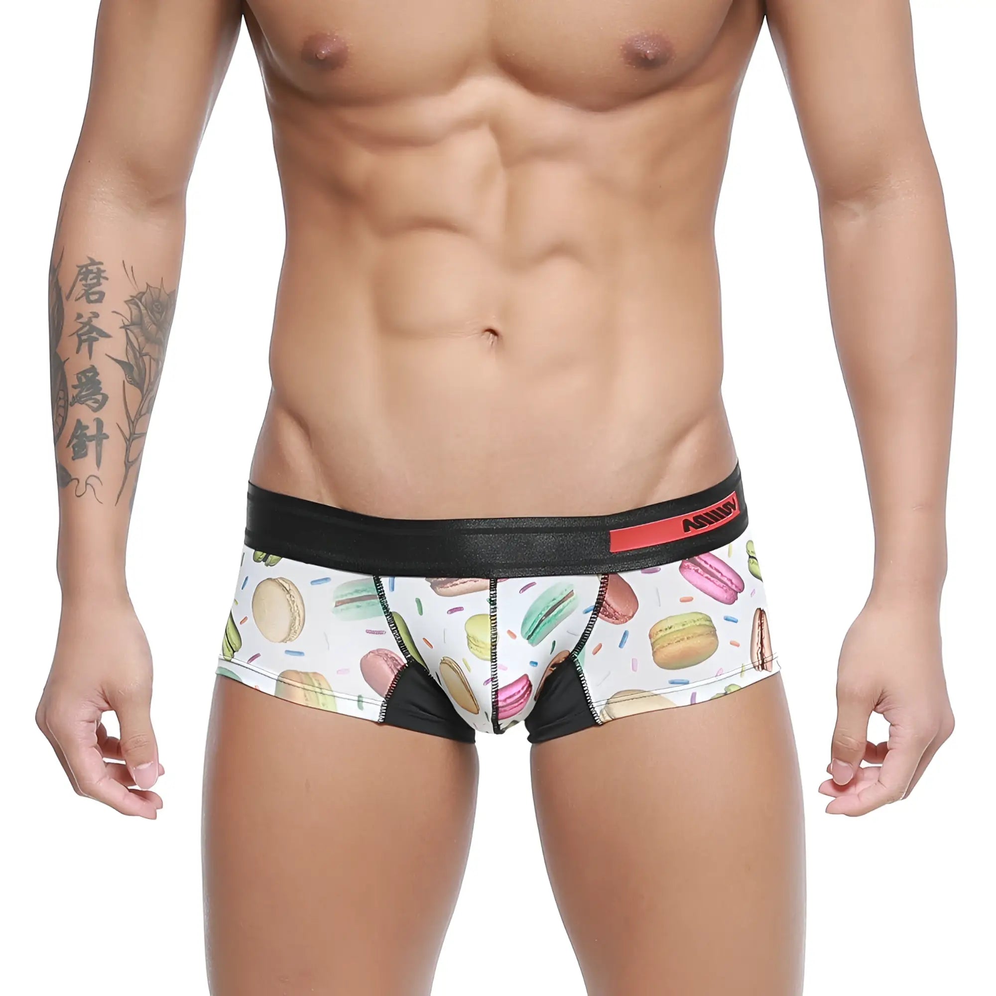 White briefs with colorful macaron and sprinkle pattern and black elastic adidas waistband metroMalewear micro mini boxer 7013-32