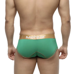 Green metear metro malewear micro mini boxer briefs in green with gold waistband and matching stitching front view