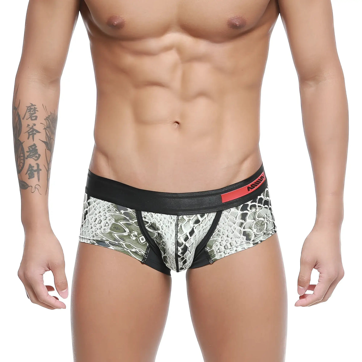 Black and white snake scale patterned mens briefs with red metro malewear logo on waistband metro malewear micro mini boxer python 7013-60