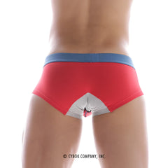 Back view of metromalewear micro mini boxer red 7013-12 red briefs with blue waistband and white triangular design