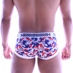 Red blue and gray camouflage print mens briefs with white mission waistband metroMalewear micro mini boxer 7013-92