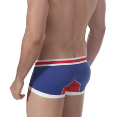 Blue mens boxer briefs with red and white trim showing bold graphic design on back metroMalewear micro mini boxer royal 7013-18