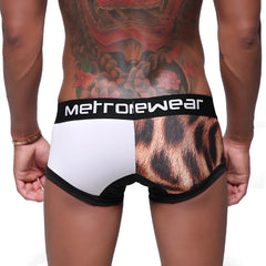 Metro male wear micro mini boxer siberia 7013-78 men’s briefs with bold two-tone white and brown leopard print and black trim