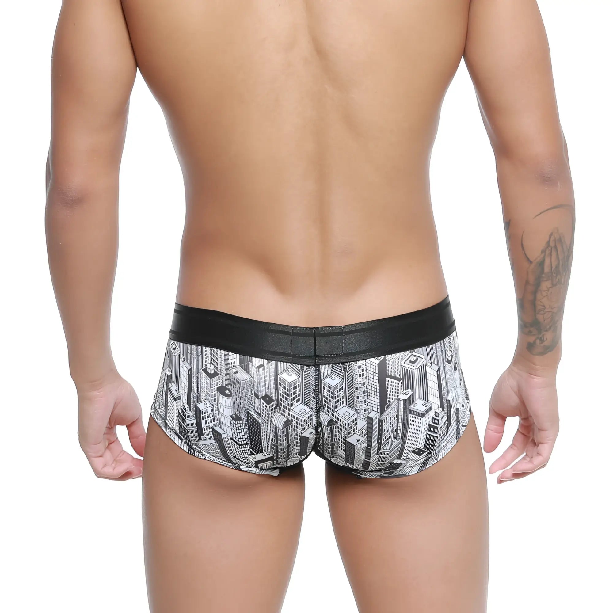 Black and white cityscape patterned men’s micro mini boxer briefs with black elastic waistband by metromalewear