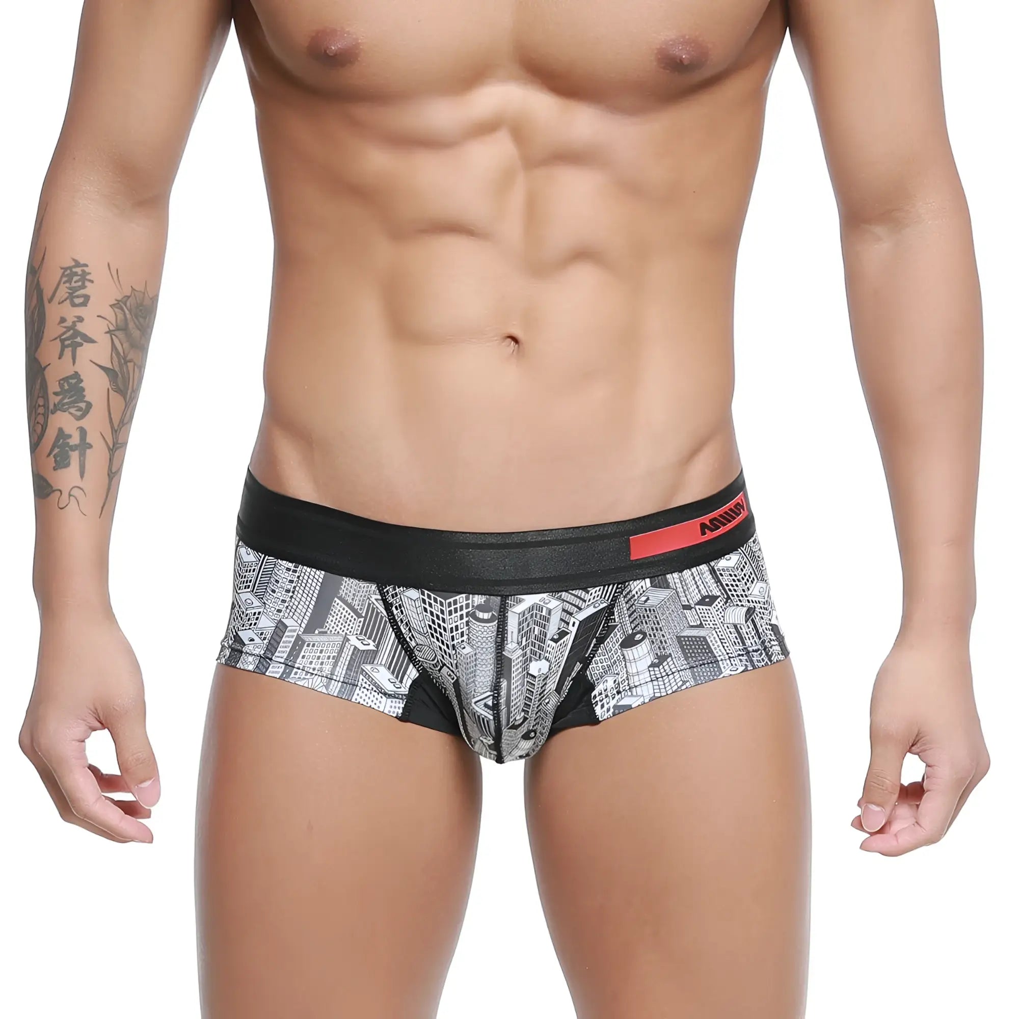 MetroMalewear micro mini boxer briefs with black and white cityscape pattern and red logo waistband