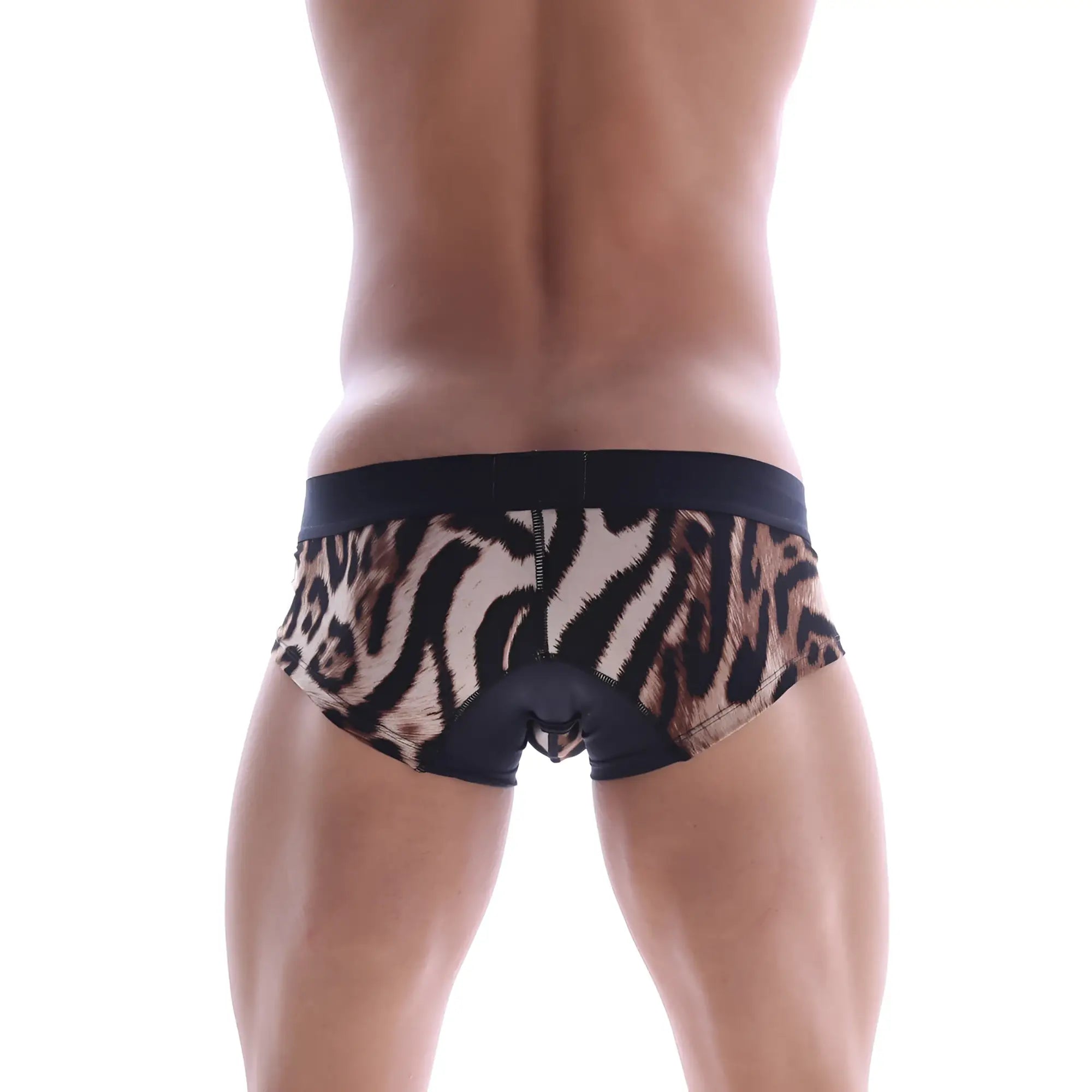 Black and tan tiger-striped metro malewear micro mini boxer briefs with a solid black waistband