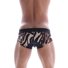 Black and tan tiger-striped metro malewear micro mini boxer briefs with a solid black waistband
