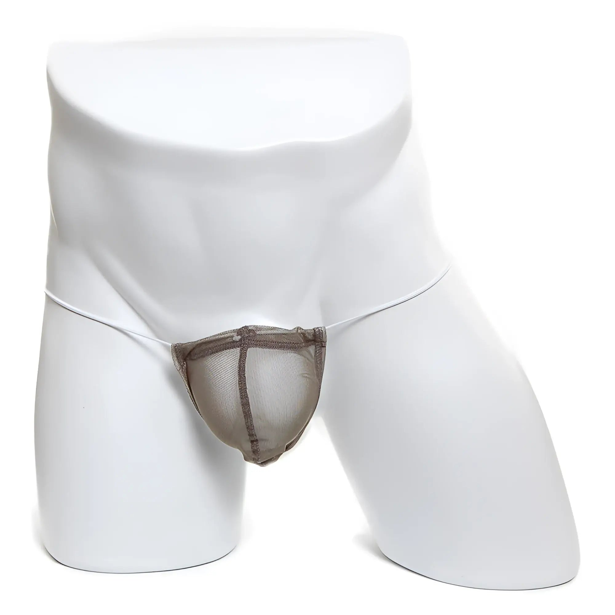 Taupe mesh thong with darker brown reinforced trim from metromalewear microfiber g khaki mesh 2015-48 collection