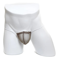 Taupe mesh thong with darker brown reinforced trim from metromalewear microfiber g khaki mesh 2015-48 collection