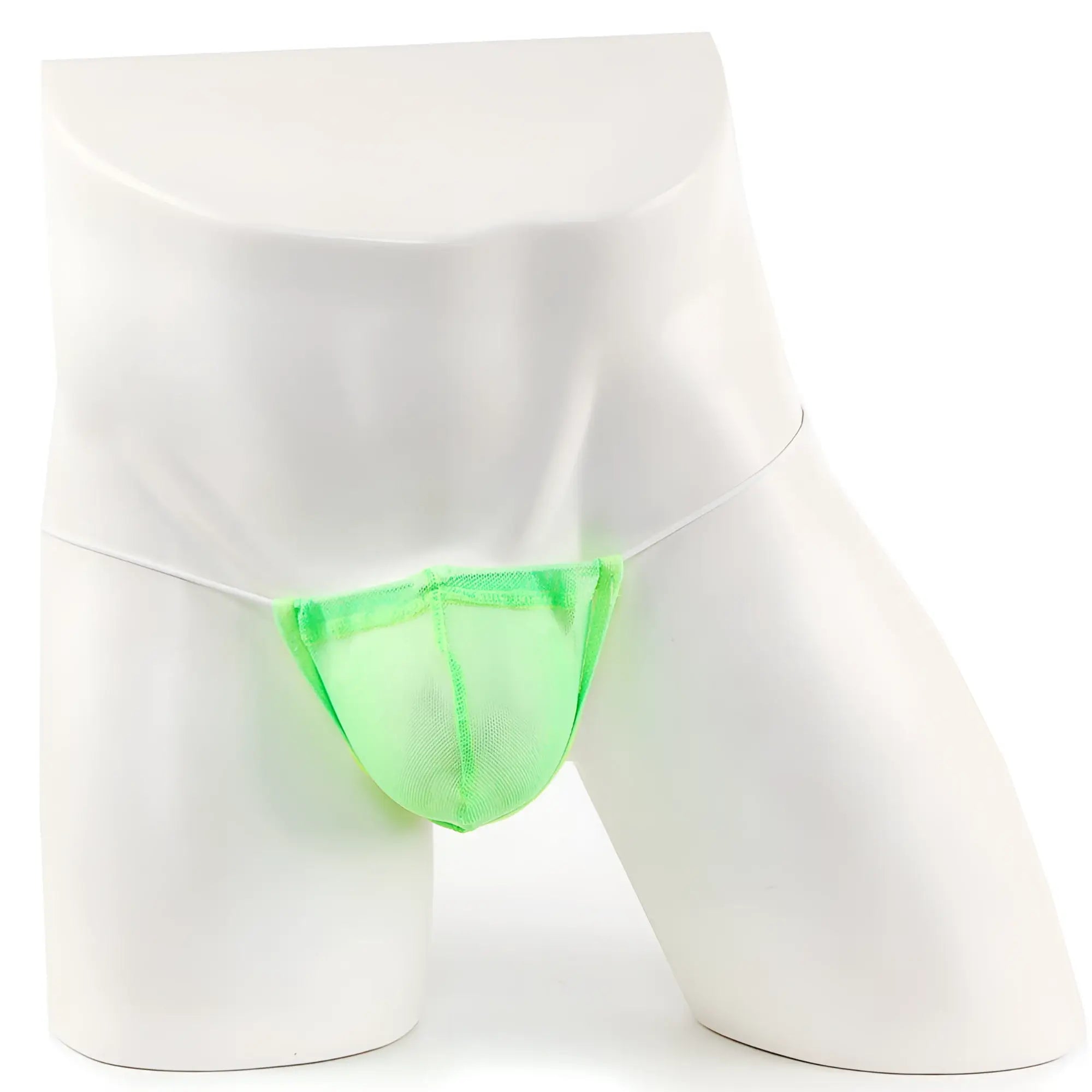 Bright neon green microfiber mesh briefs displayed on a white mannequin from MetroMaleWear micro g lime 2015-40