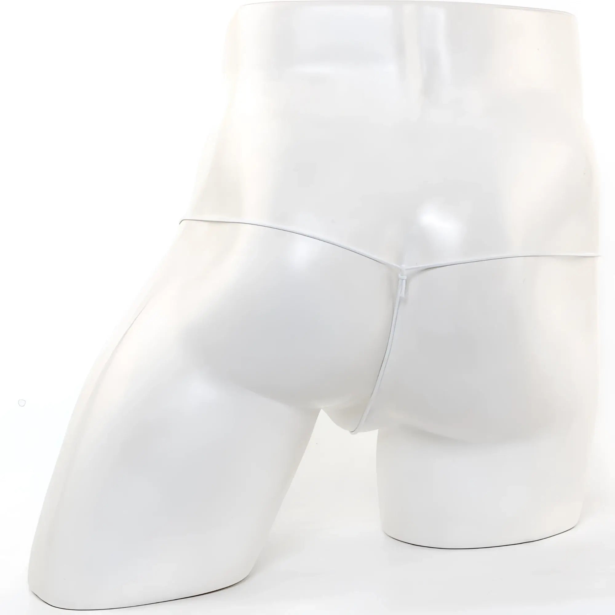 White glossy mannequin torso wearing MetroMaleWear microfiber white briefs with a thin center zipper front design