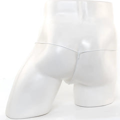 White glossy mannequin torso wearing MetroMaleWear microfiber white briefs with a thin center zipper front design