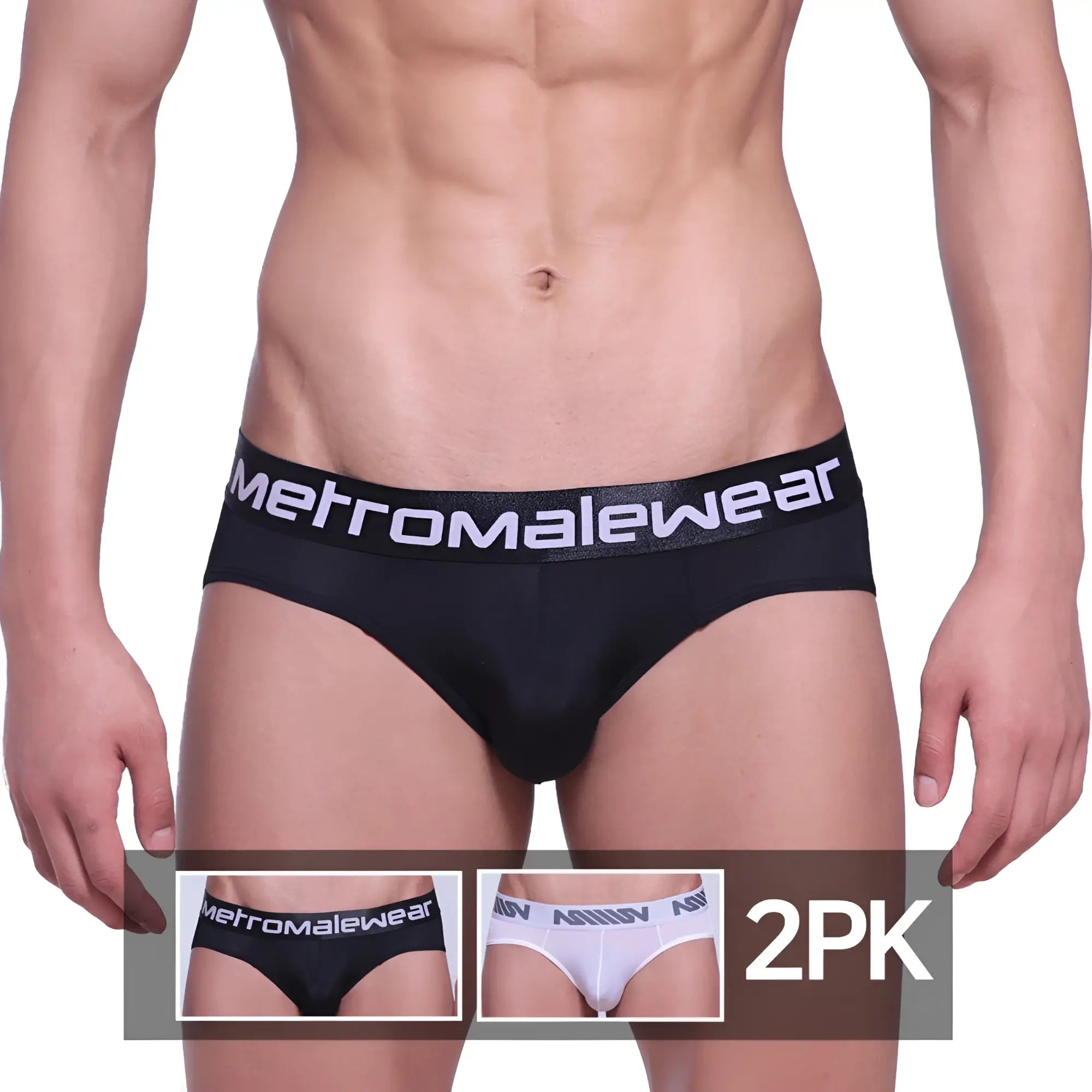 Black microfiber hip briefs with a white metromalewear logo waistband from the metro malewear 2pk collection
