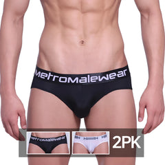 Black microfiber hip briefs with a white metromalewear logo waistband from the metro malewear 2pk collection