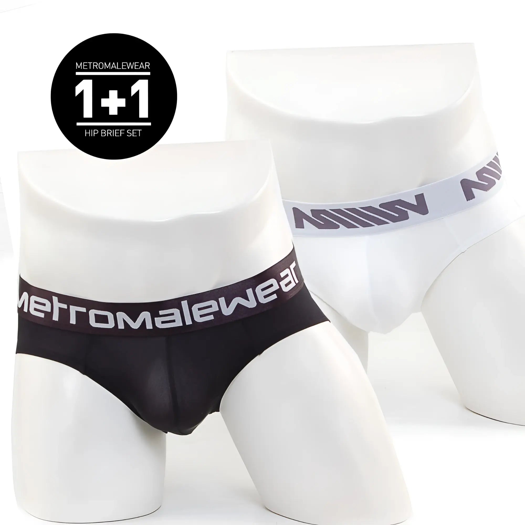 MetroMaleWear microfiber black and white hip briefs 2PK with branded elastic waistbands front view