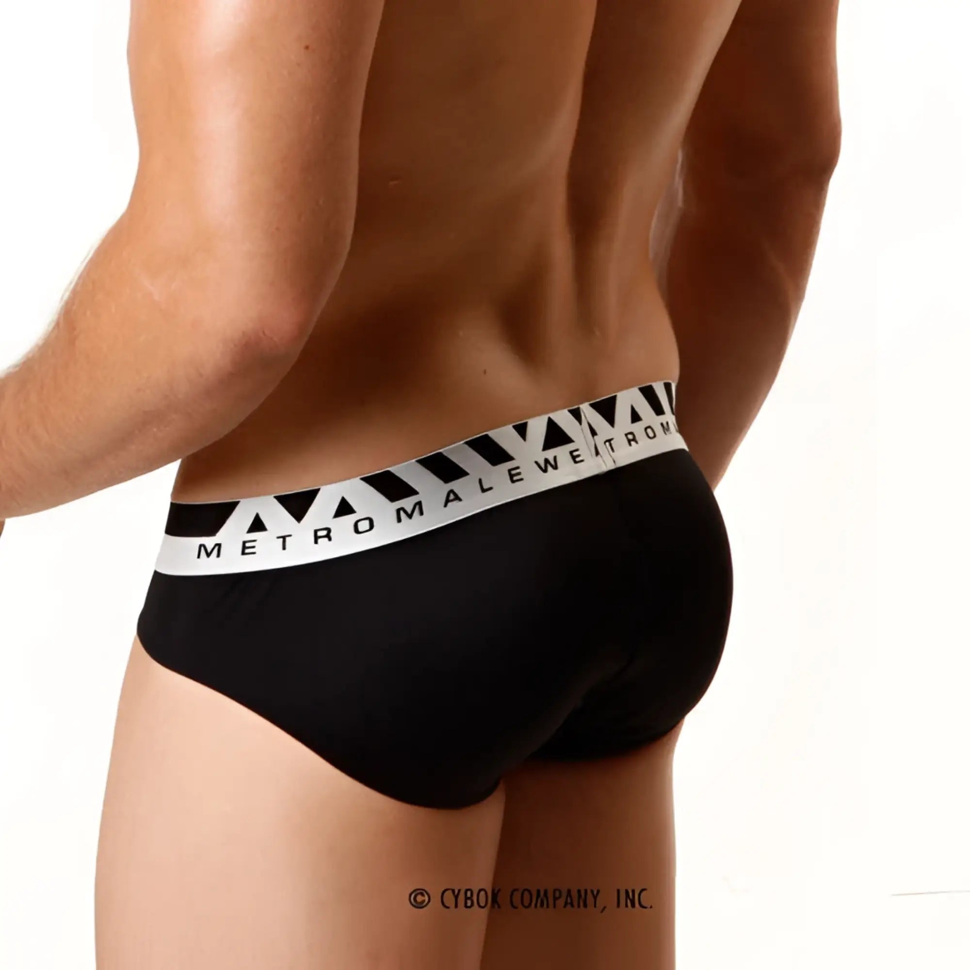 Black men’s microfiber hip briefs with white metromale waistband and geometric triangle patterns model 5003-20