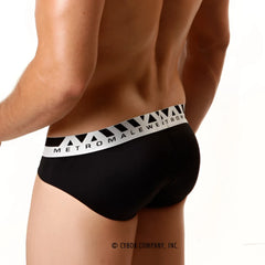 Black men’s microfiber hip briefs with white metromale waistband and geometric triangle patterns model 5003-20