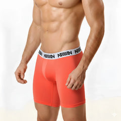 Orange metroMalewear microfiber mid boxer briefs with white waistband and black text 10inch coral 2023-14