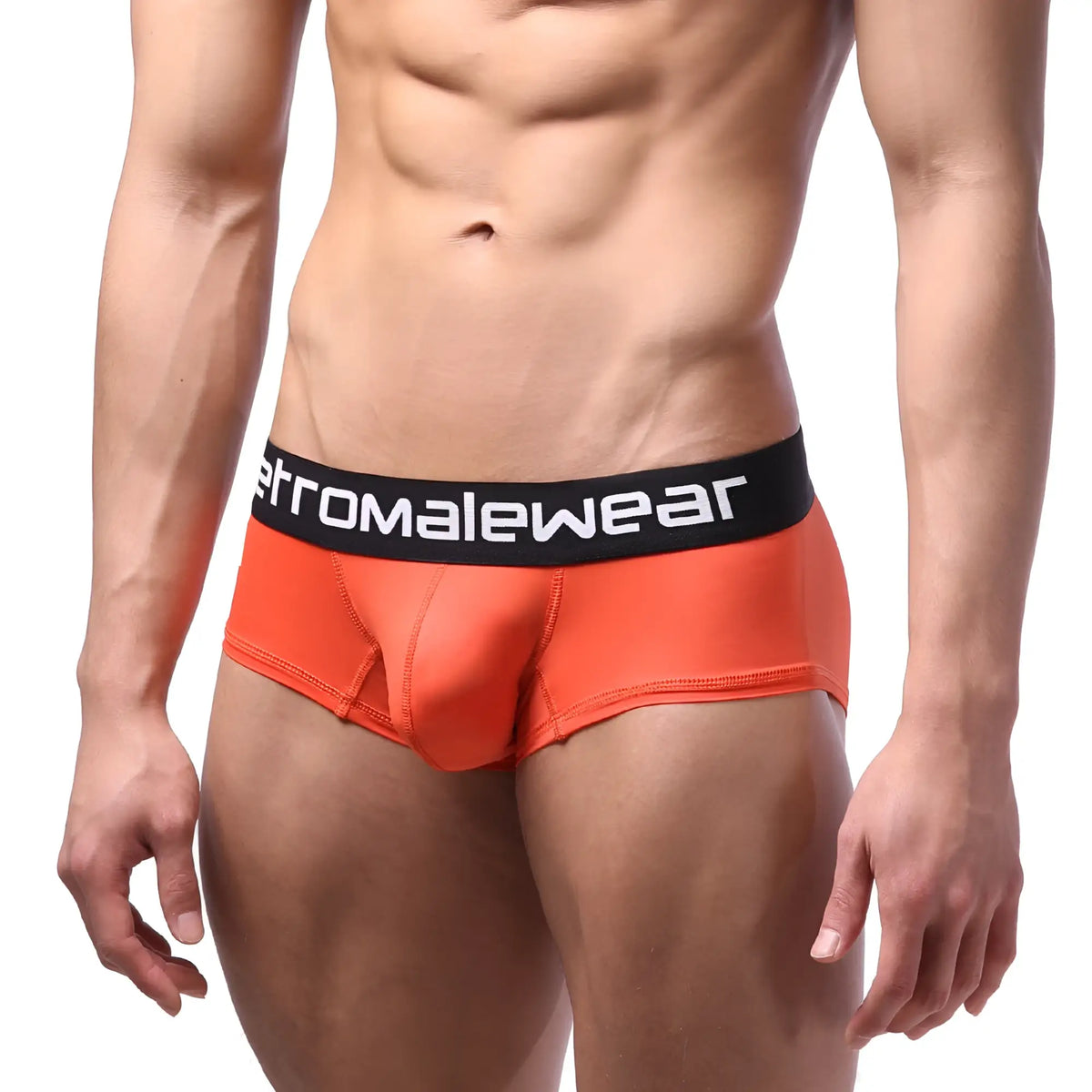 Bright orange microfiber mens briefs with black waistband featuring metromalewear logo metro male wear coral 7013-13