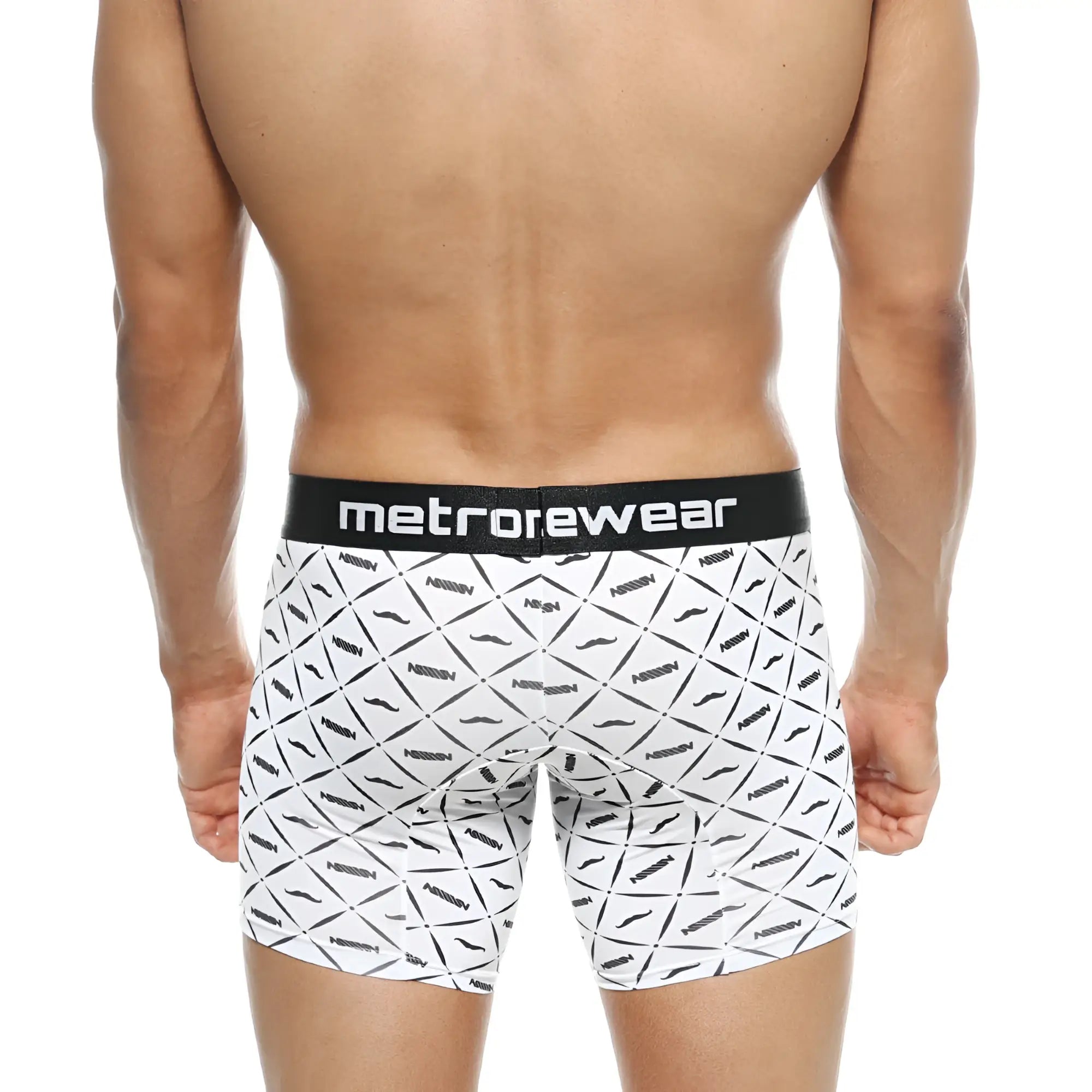 White boxer briefs with black mustache pattern and metrowear brand waistband mid boxer caballero 10 inch 2023 03