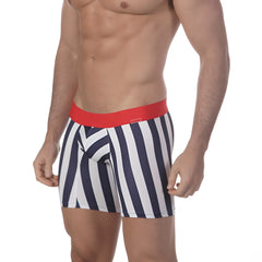 MetroMaleWear mid boxer tension 10 inch 2023-41 navy and white striped men’s boxer briefs with red elastic waistband