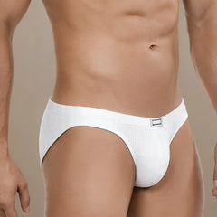 White ribbed briefs with a silver rectangular metro male wear brand tag on the waistband in milano bikini style