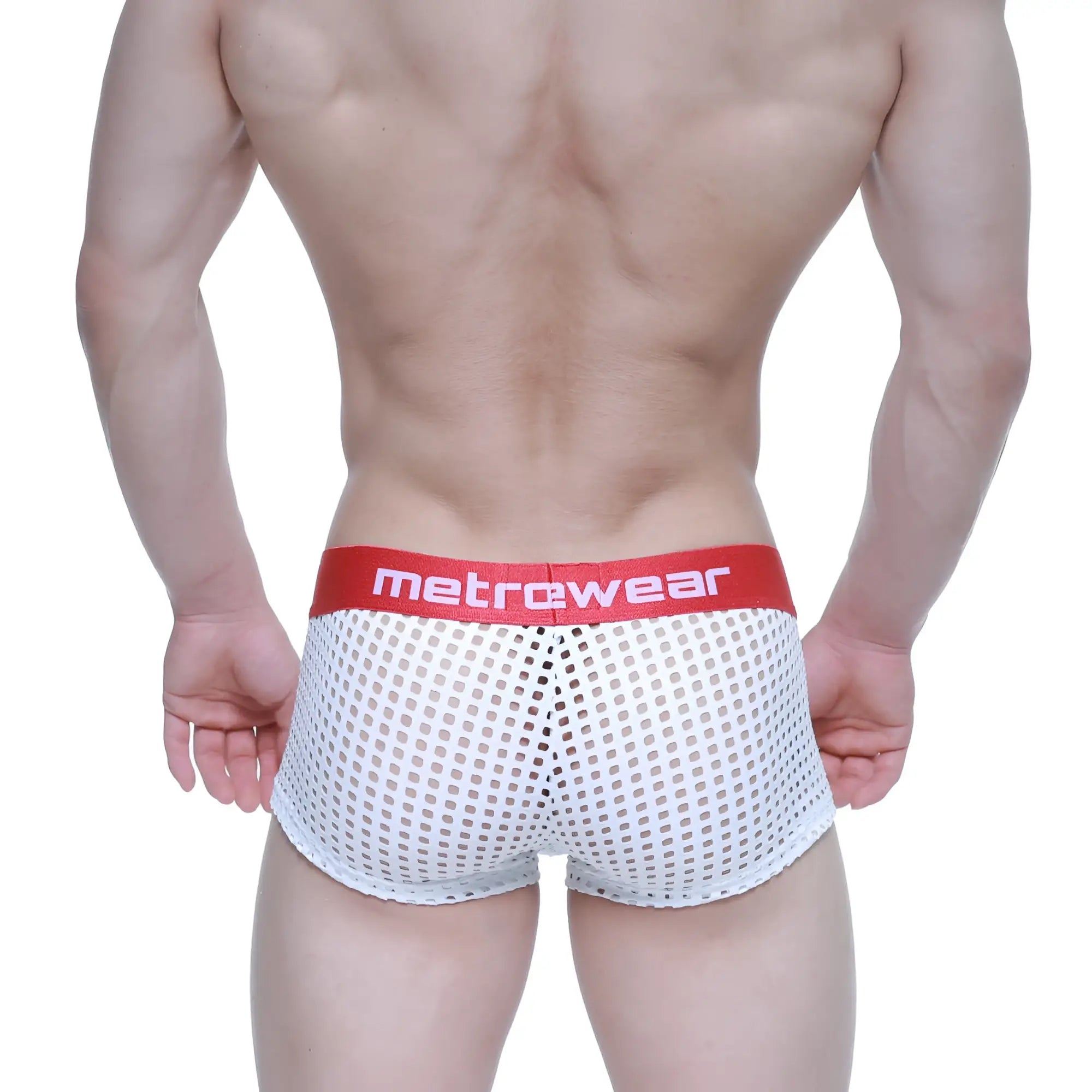 White mesh briefs with red metrowear logo waistband from MetroMaleWear mild short boxer 2026-67 collection
