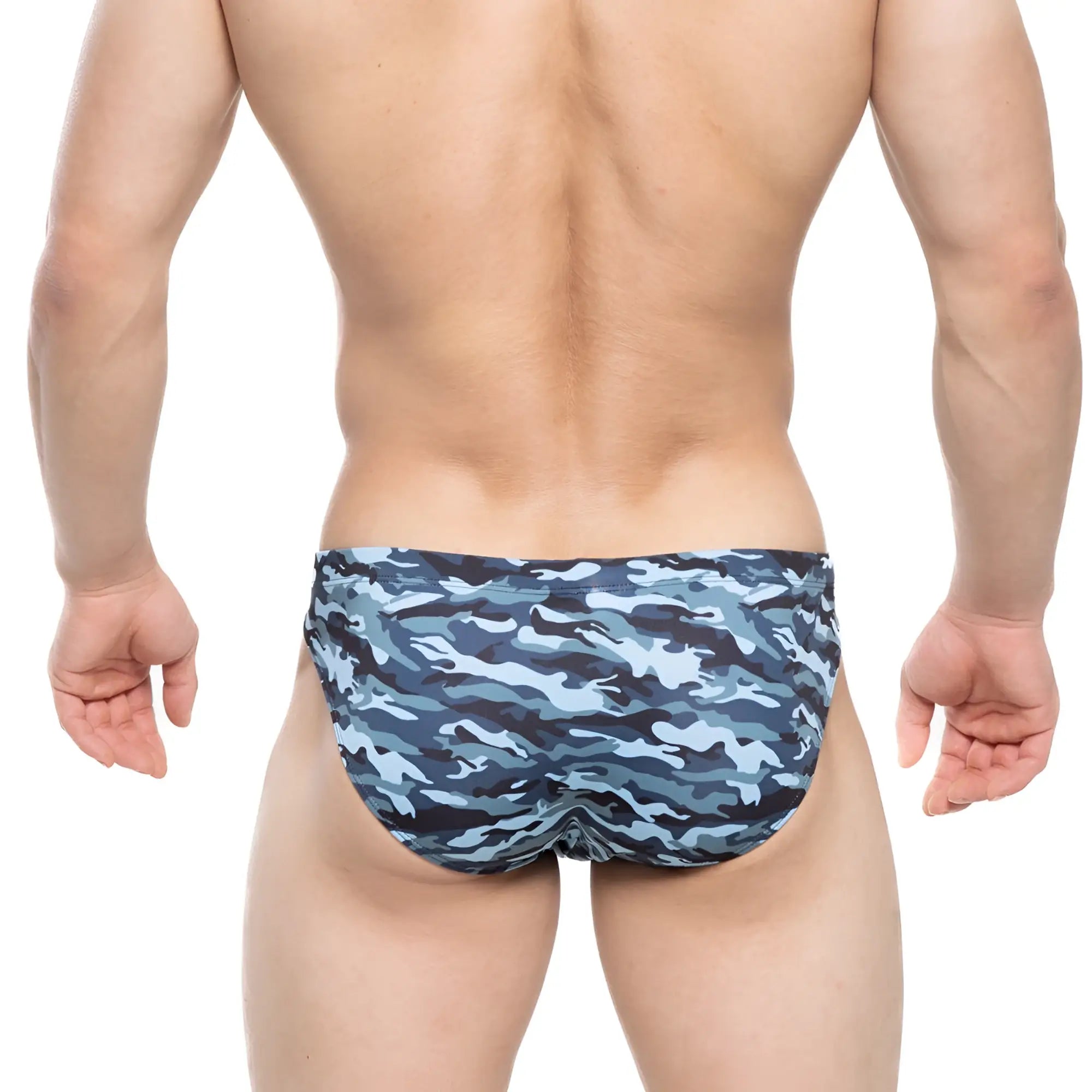 Metro male wear military bikini swim trunks in blue and gray camouflage pattern for casual beachwear