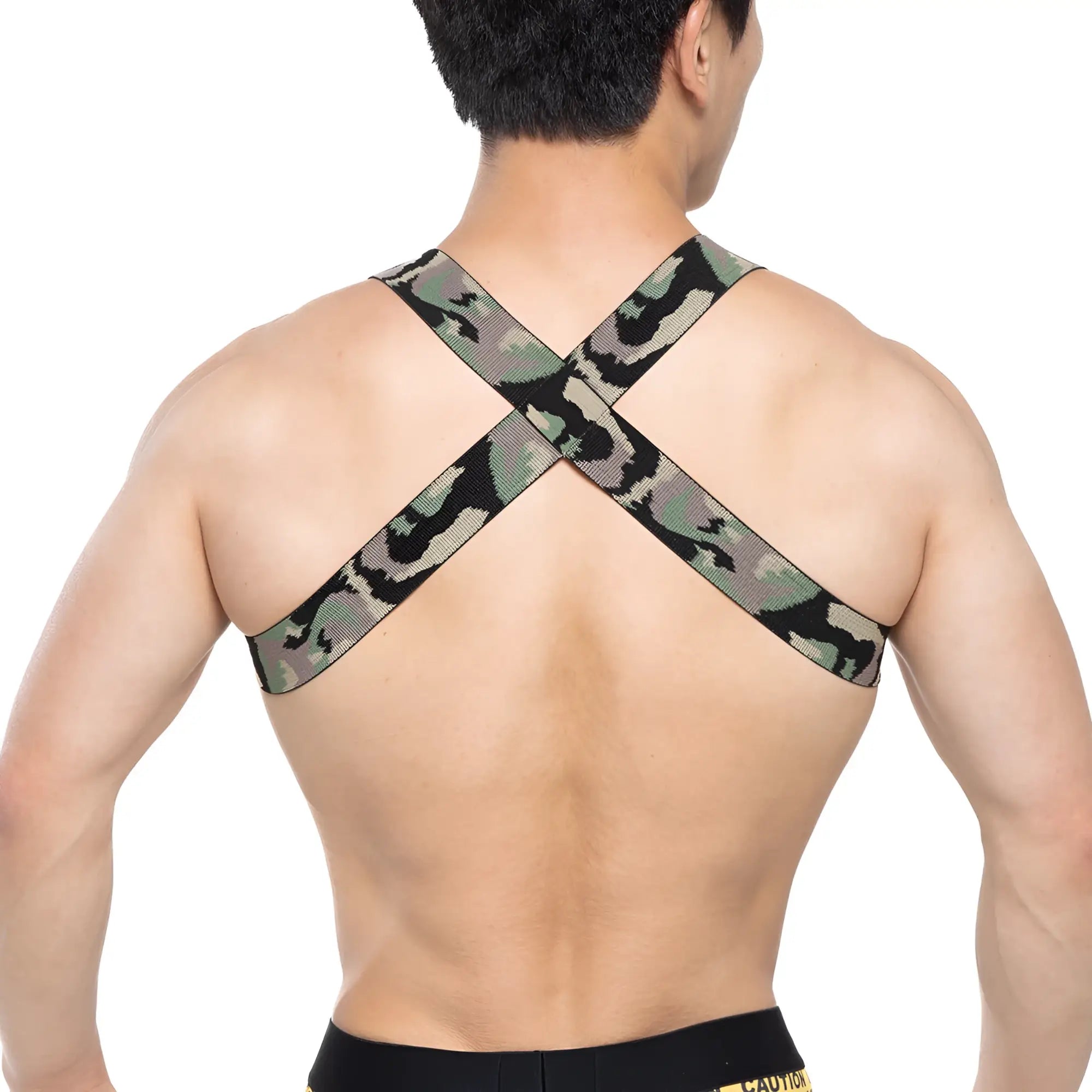 Back view of metromalewear military harness featuring camouflage-patterned elastic straps for secure fit