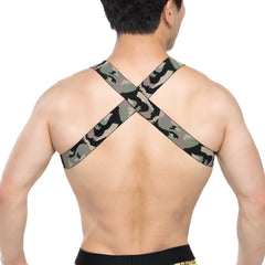 Back view of metromalewear military harness featuring camouflage-patterned elastic straps for secure fit