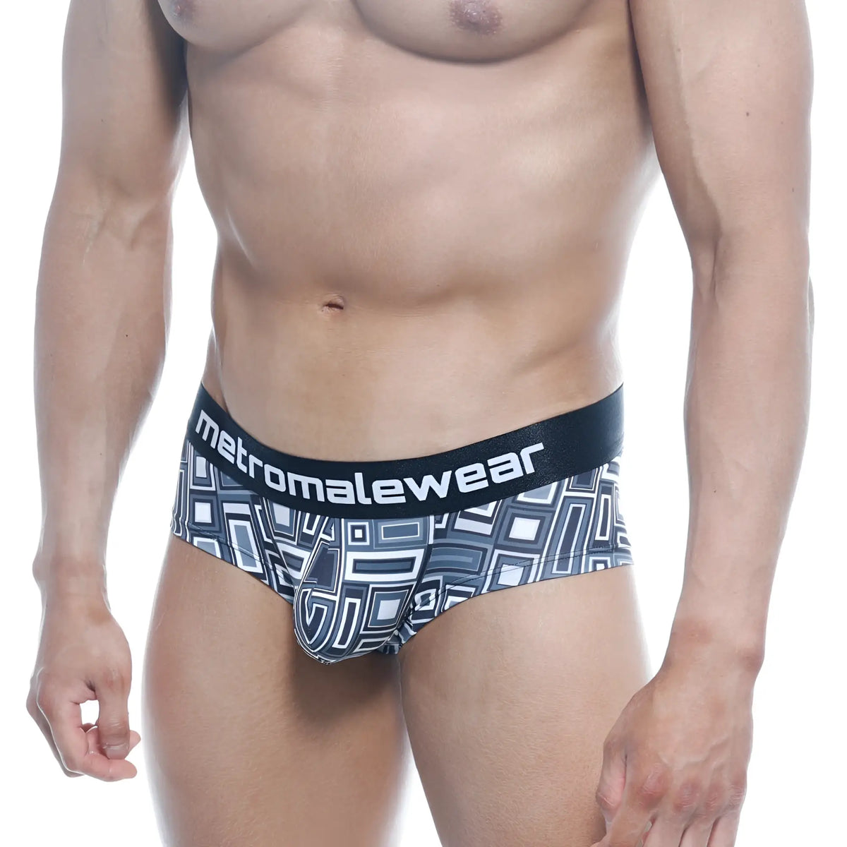 Black and white geometric patterned men’s briefs with branded elastic waistband metroMalewear mini cheek boxer basalto 2025 23