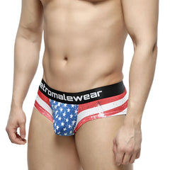 Men’s briefs metro malewear mini cheek boxer batalla 2025-92 with distressed american flag print and black branded waistband
