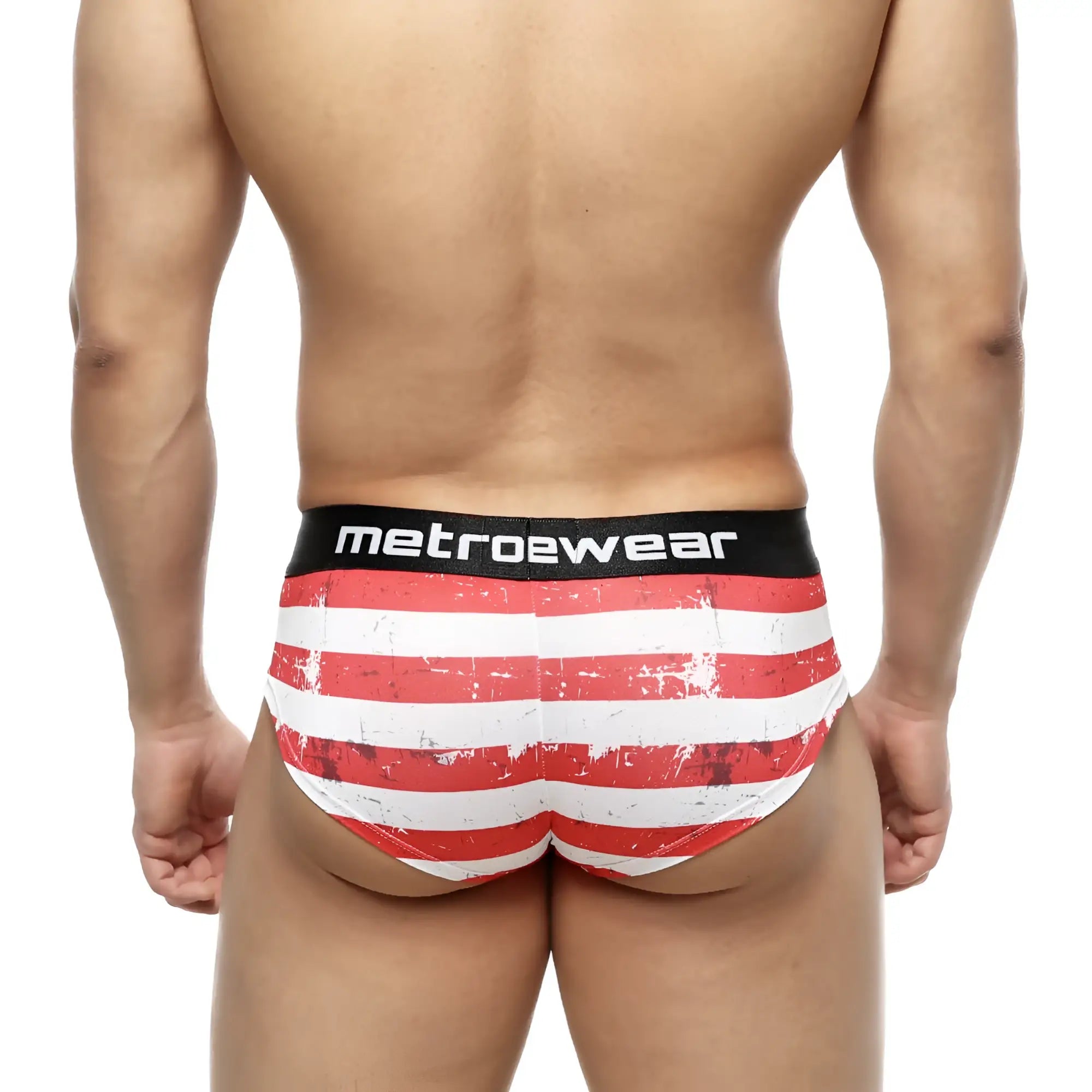 Red and white striped distressed men’s briefs with black metroewear waistband metro male wear mini cheek boxer batalla 2025-92