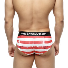 Red and white striped distressed men’s briefs with black metroewear waistband metro male wear mini cheek boxer batalla 2025-92