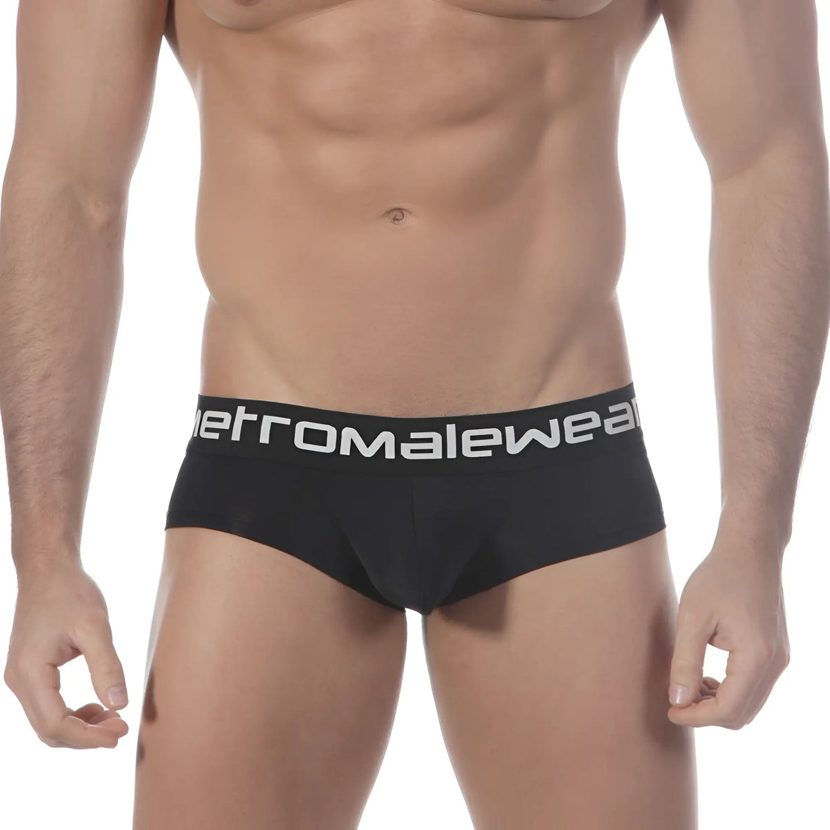 Black mens briefs with white herromalewear logo band featuring mini cheek boxer design in black metro2025-20