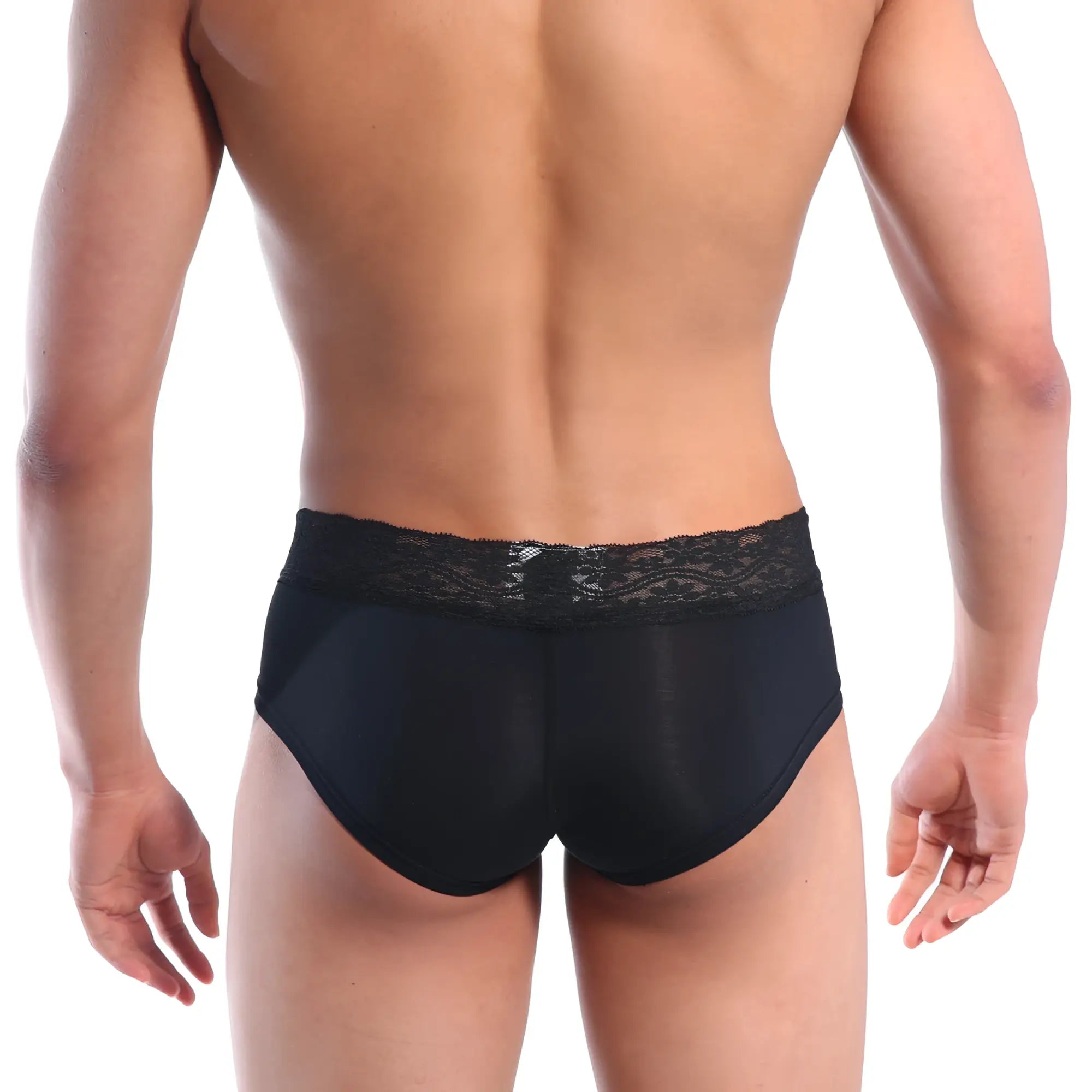 Black lace-trimmed MetroMaleWear mini cheek boxer briefs in sheer form-fitting fabric black front view