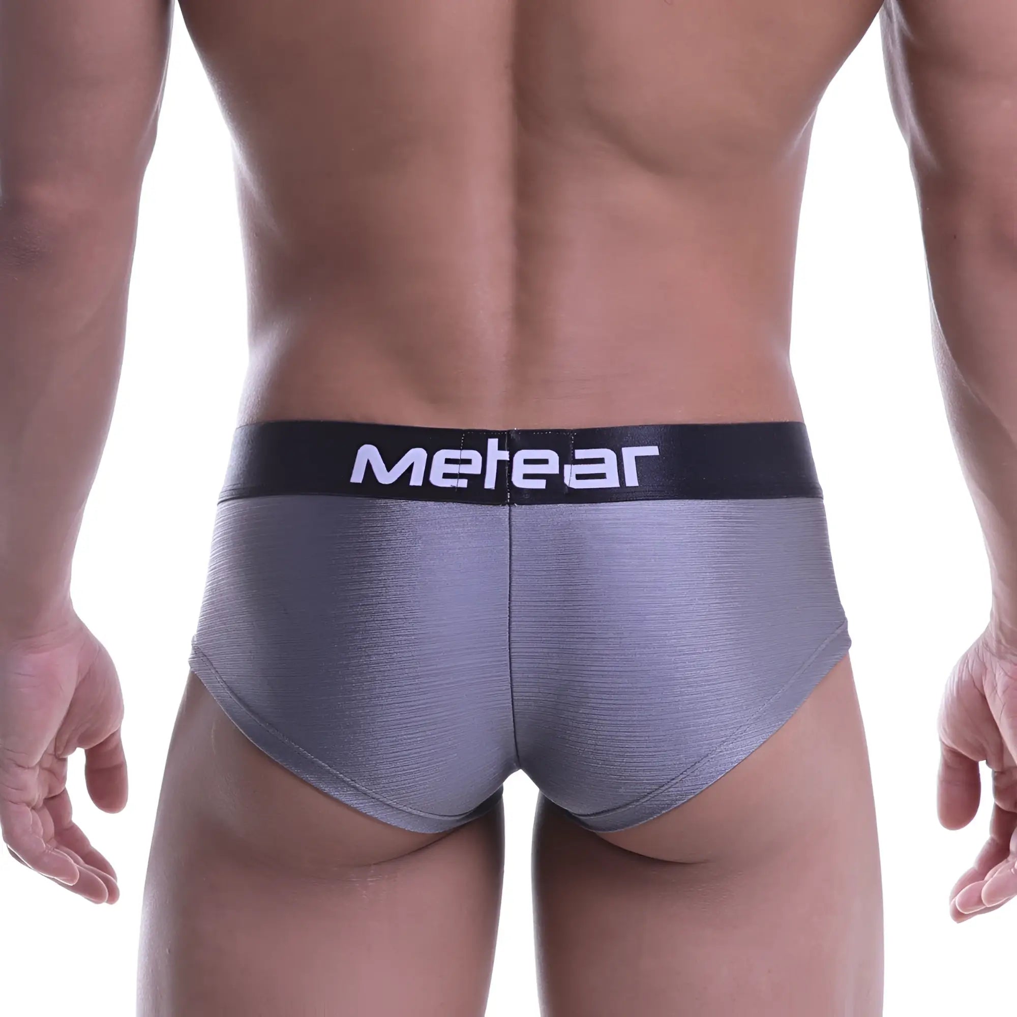 Gray metallic textured boxer briefs with black waistband featuring metear logo metro male wear 2025 09
