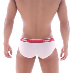 White briefs with red waistband featuring namin logo from metromalewear mini cheek boxer nude 2025 01 collection